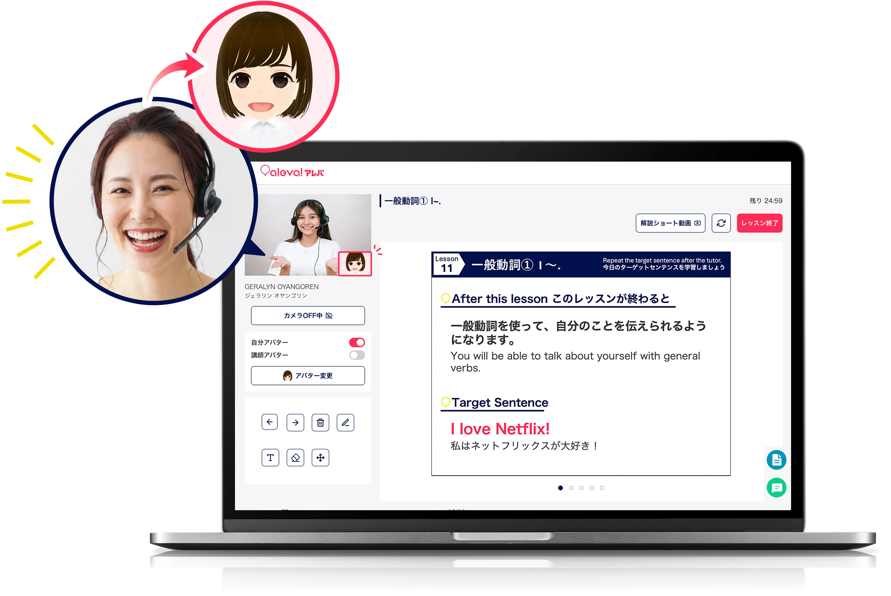 講師と受講者をアバターに切り替えてレッスンしている画面