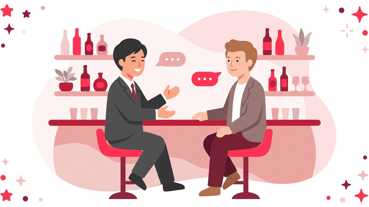 海外のバーカウンターで外国人と笑顔で会話する日本人ビジネスパーソン