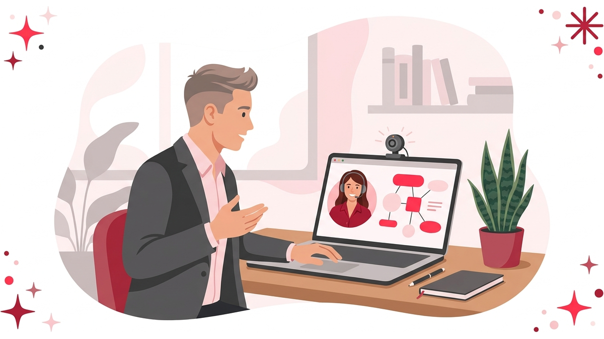 オンライン英会話レッスンで社会人が画面越しに講師と話しているイメージ