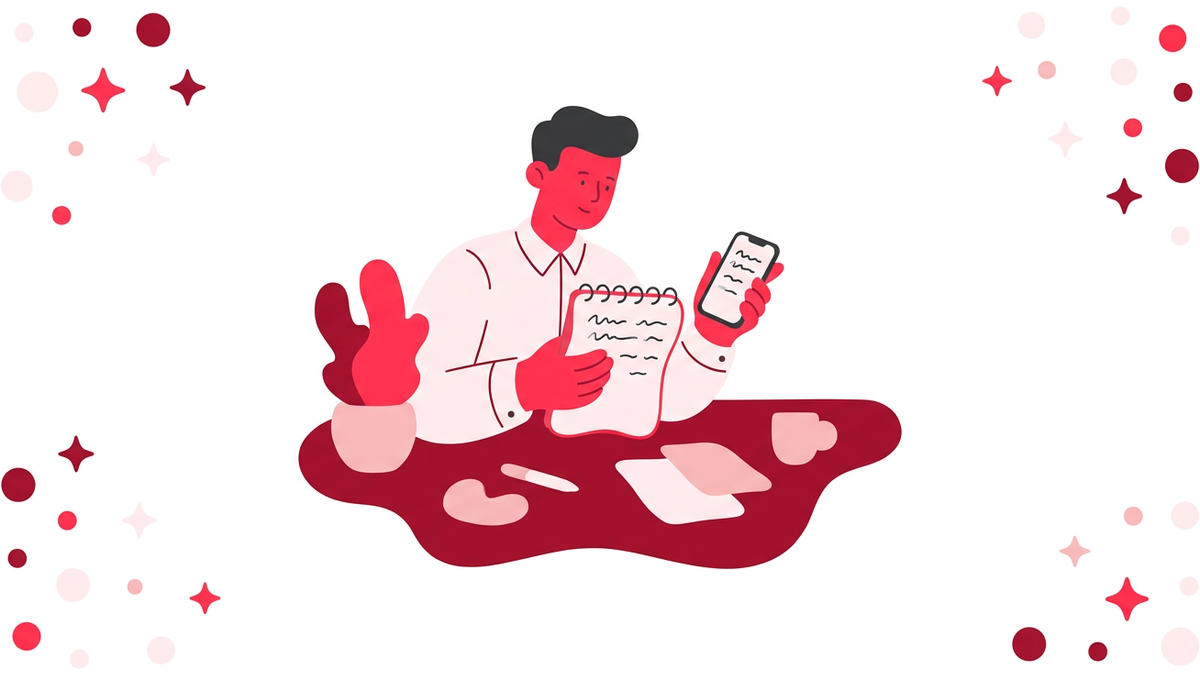 ノートとスマートフォンでフレーズを確認しながらデスクで学習する社会人のイラスト