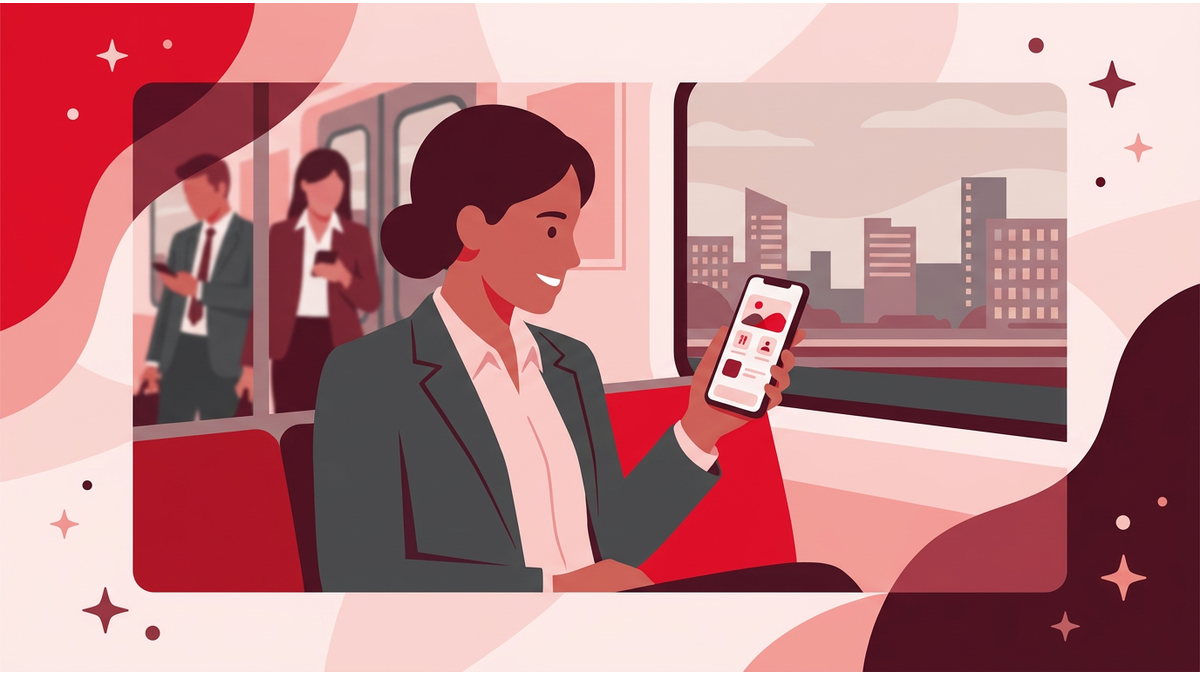 社会人がスマートフォンで通勤電車内でオンライン英会話アプリを使っている様子